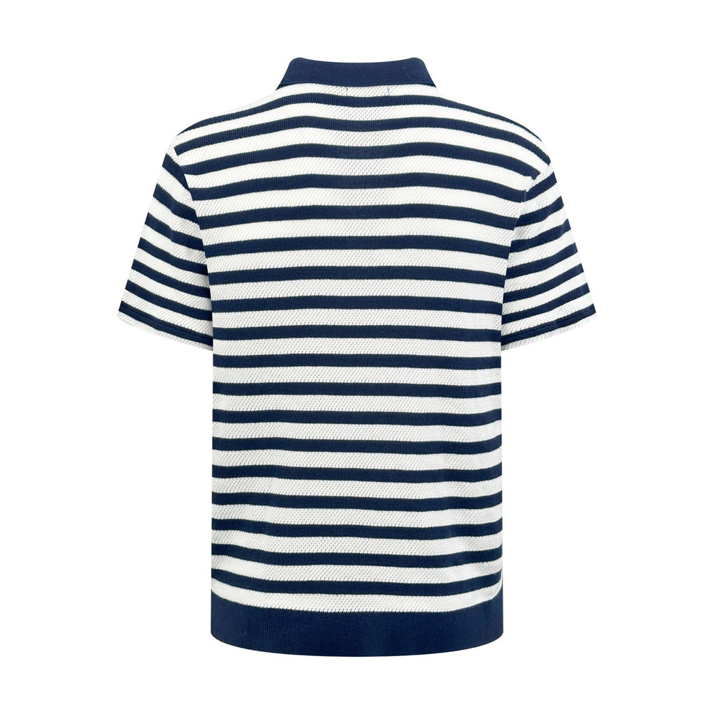Polo Ralph Lauren Men's Striped V‑Neck Knit Short‑Sleeve Polo Shirt, Navy Pony Embroidery