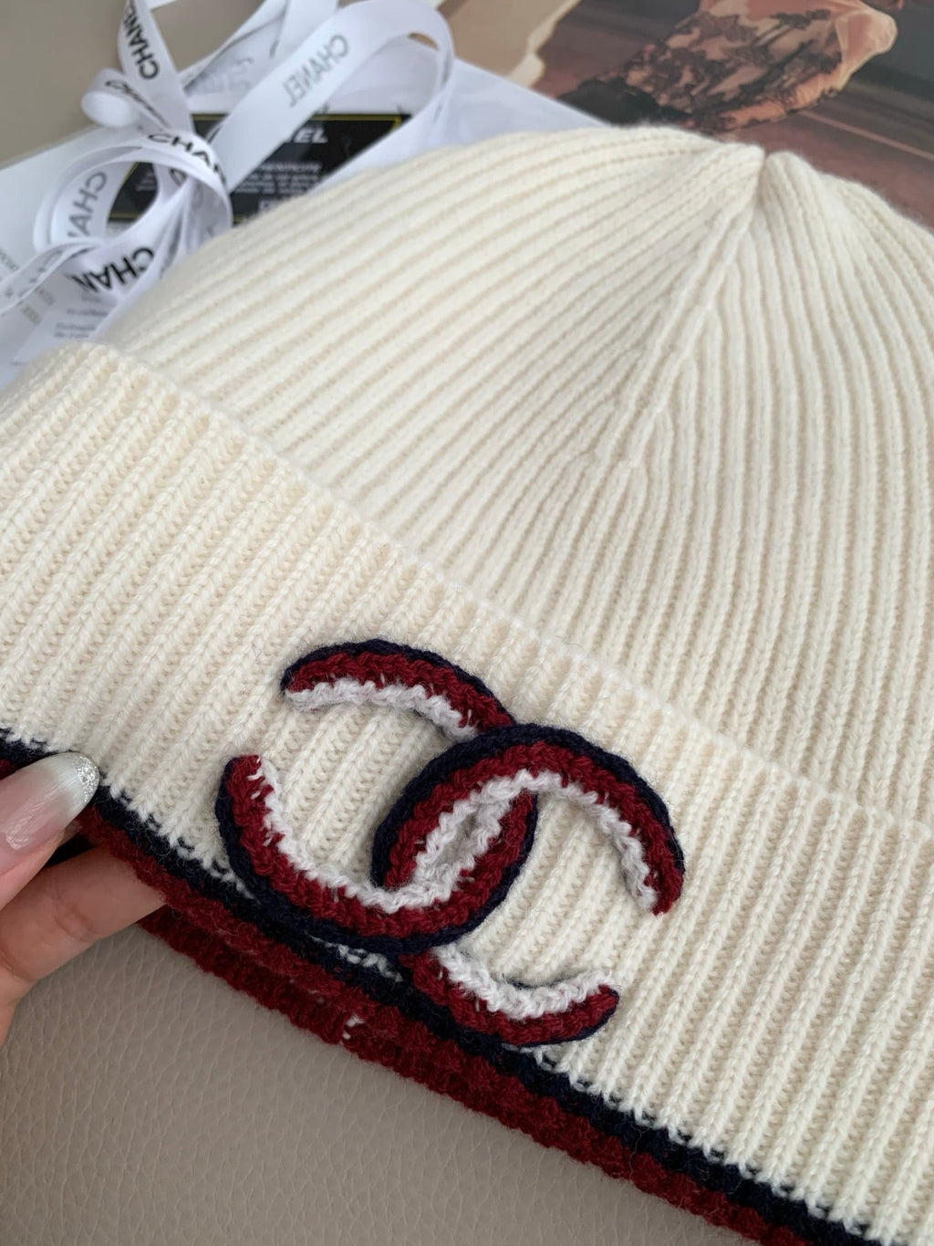 Chanel Style Ivory Rib-Knit Scarf and Beanie Set
