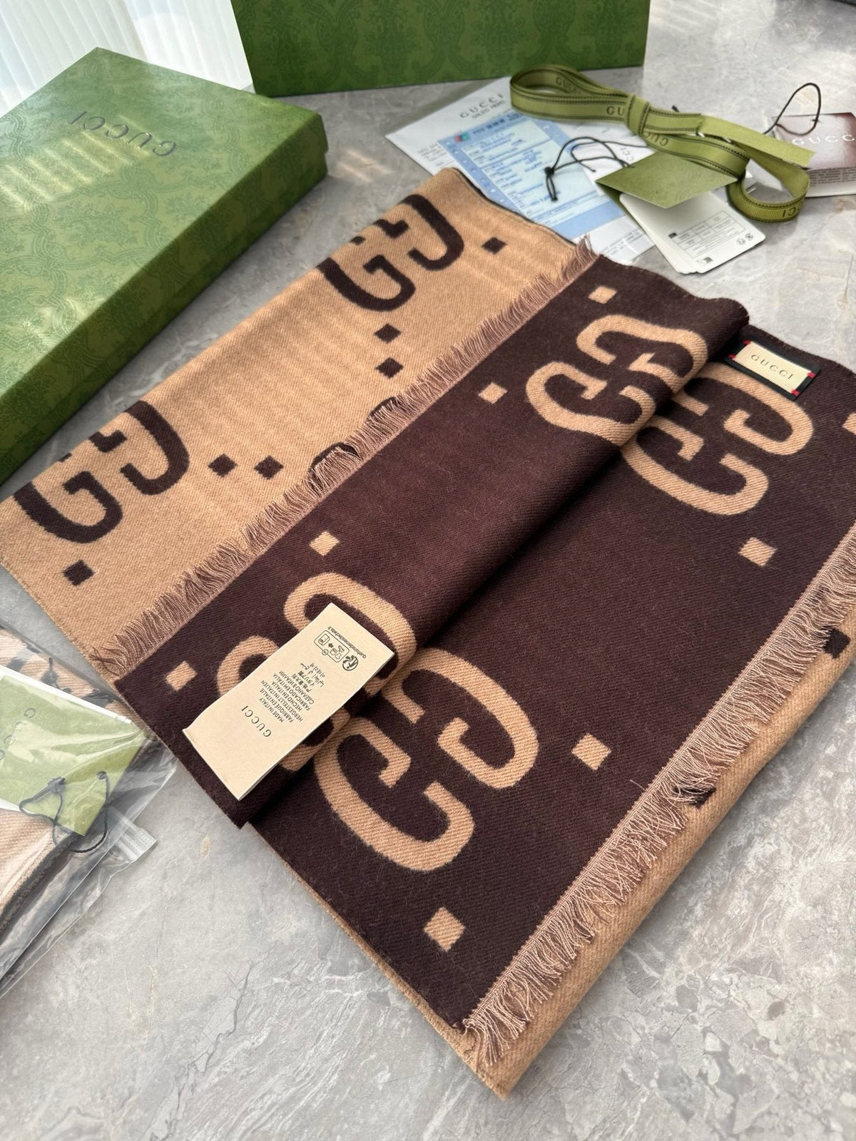 Gucci Dark Brown & Beige Fringed Scarf
