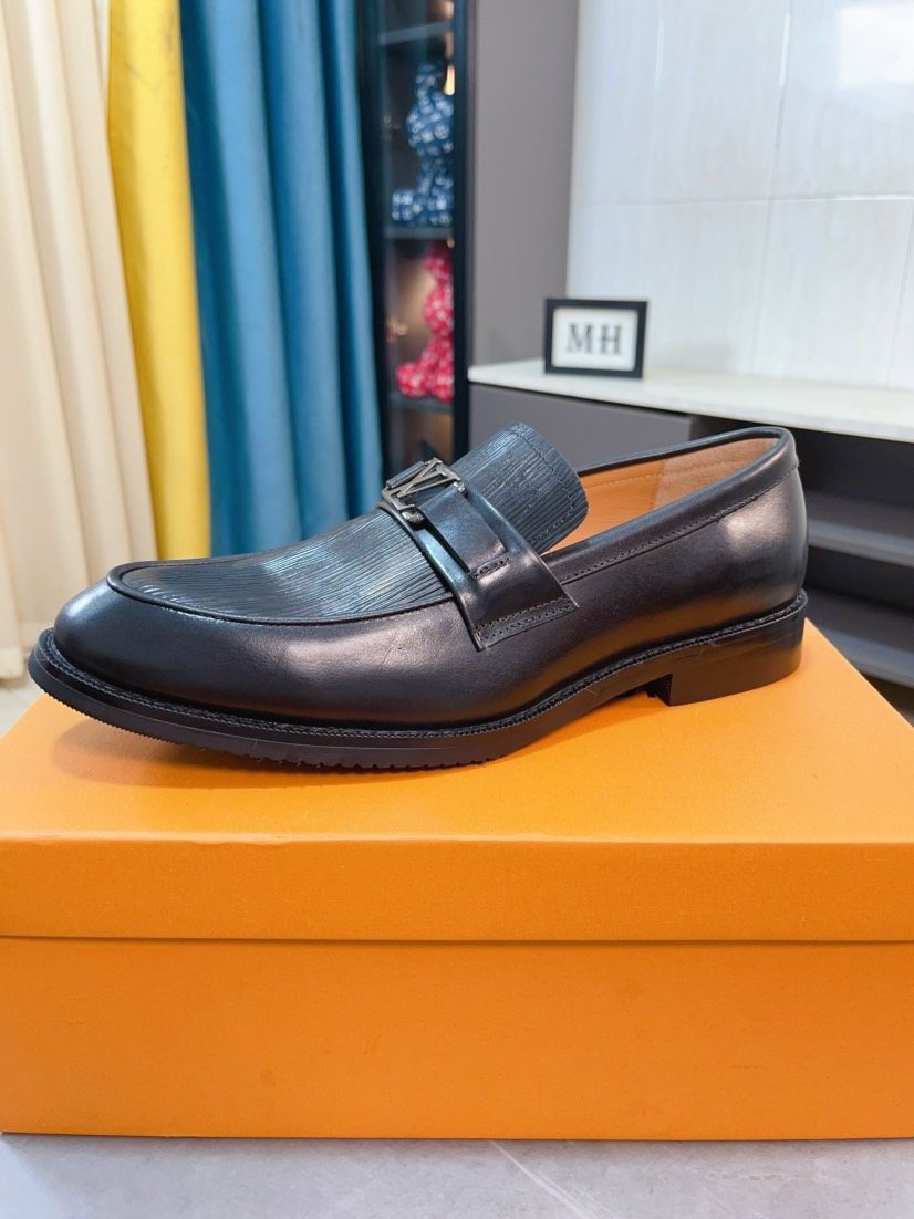 Louis Vuitton Men's Black Textured Buckle Loafers - Rounded Toe And Dark Sole