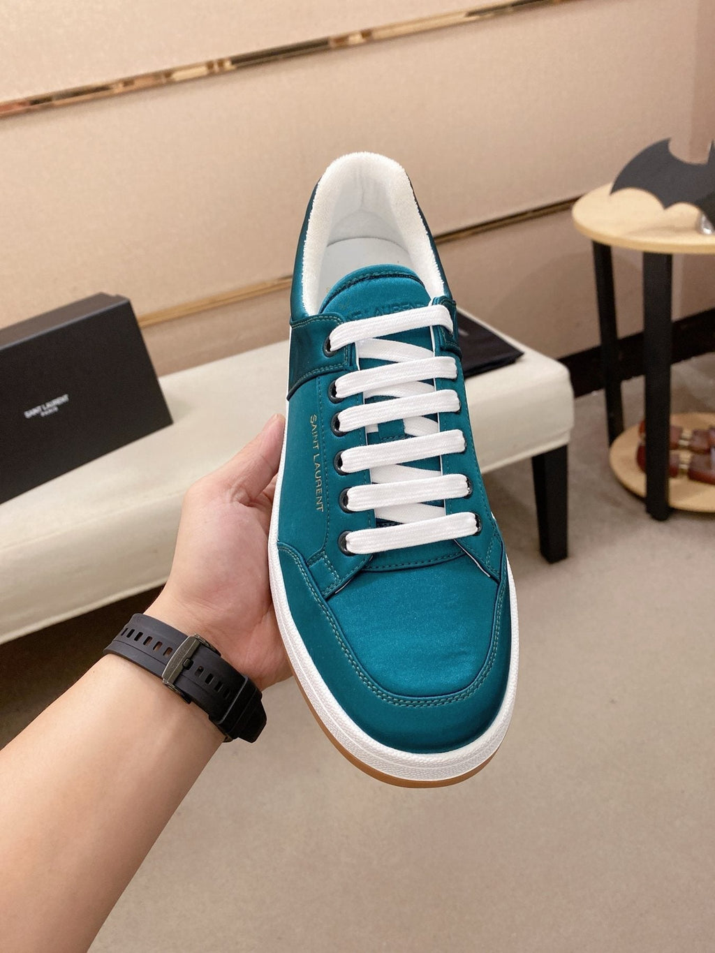 Saint Laurent Teal Blue Perforated Low-Top Sneakers