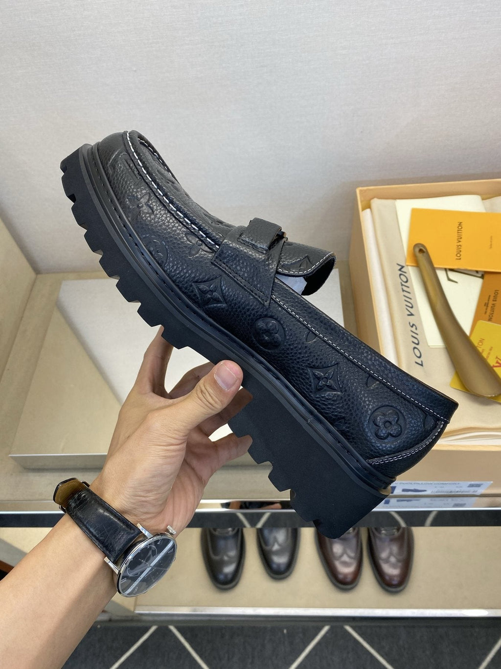 Louis Vuitton Men's Black Monogram Lug Sole Loafers - Chunky Black Lug Outsole