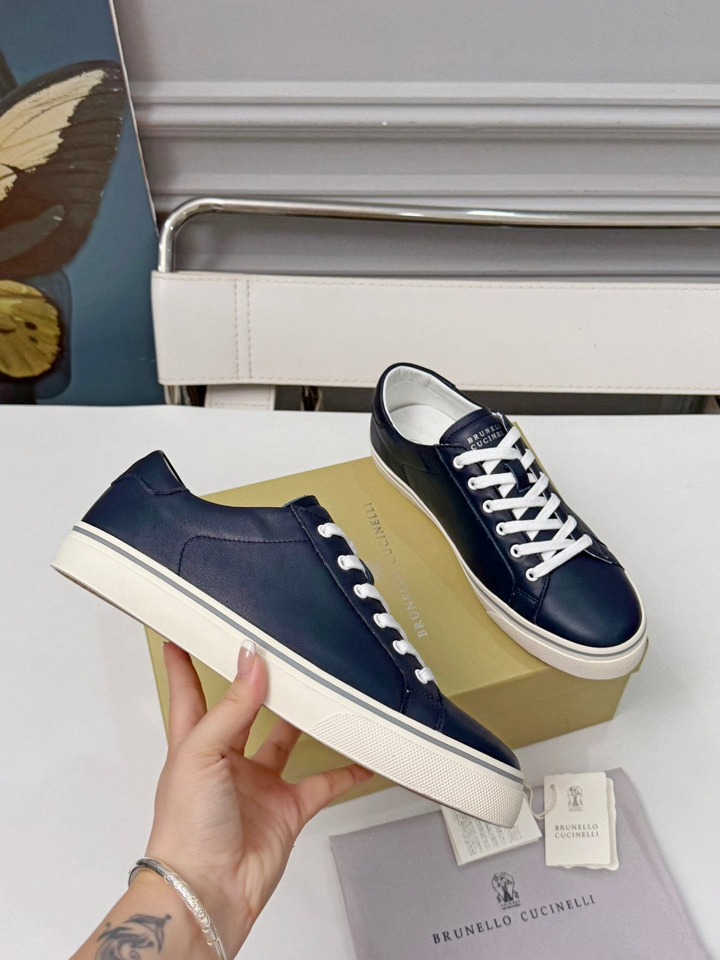Brunello Cucinelli Navy Leather Low-Top Sneakers